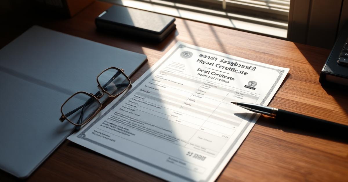 A death certificate on a desk with a document folder prepared for certified translation