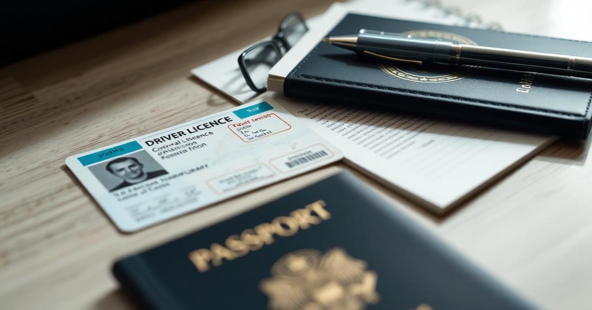 A driver licence beside a passport and documents prepared for translation